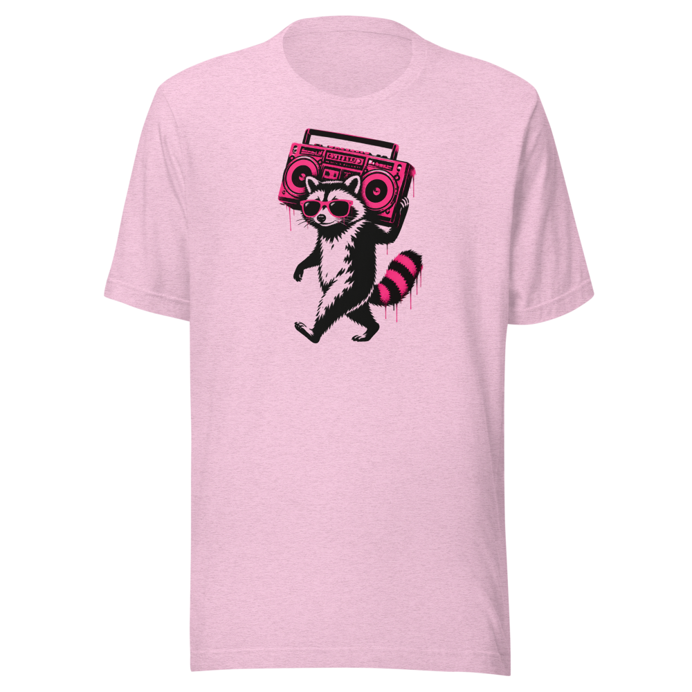 Stencil Raccoon With Boombox Street Art Tee — heather prism lilac front view