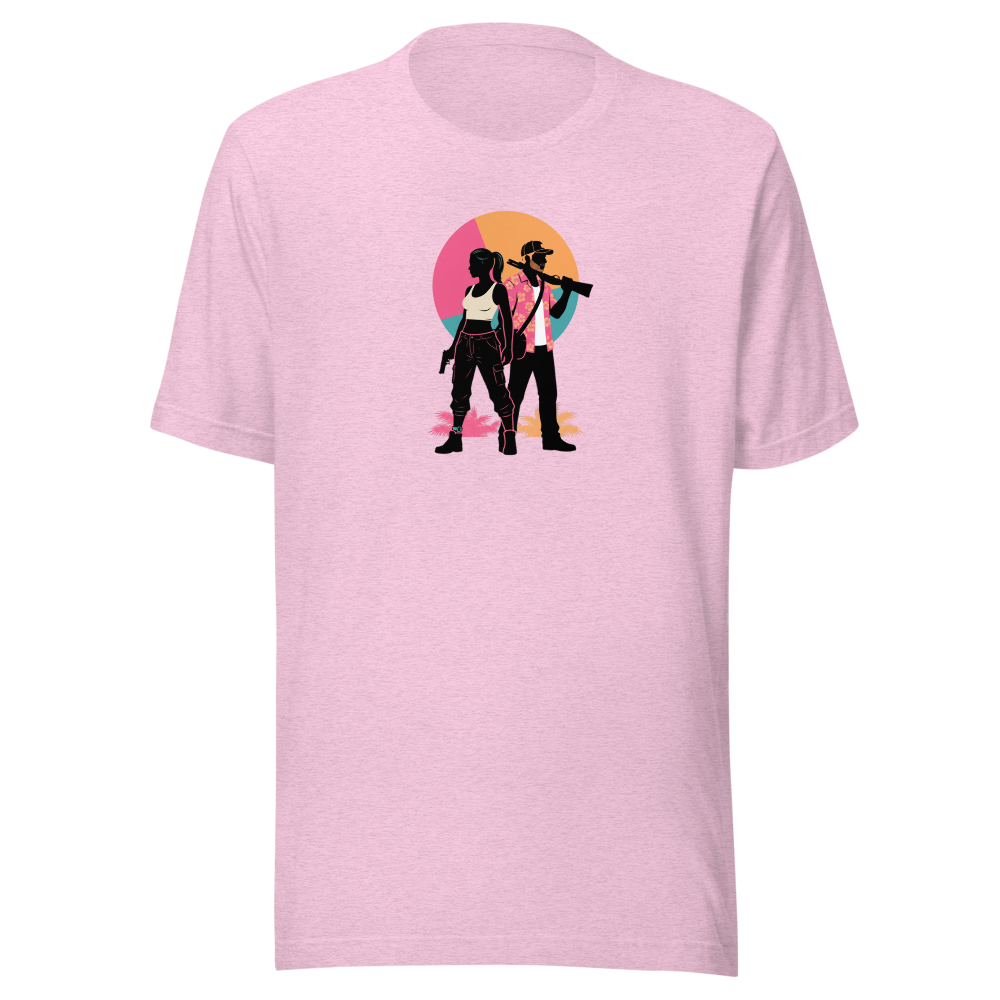 Outlaw Couple Neon Sunset Crime Duo Graphic Tee — heather prism lilac front view