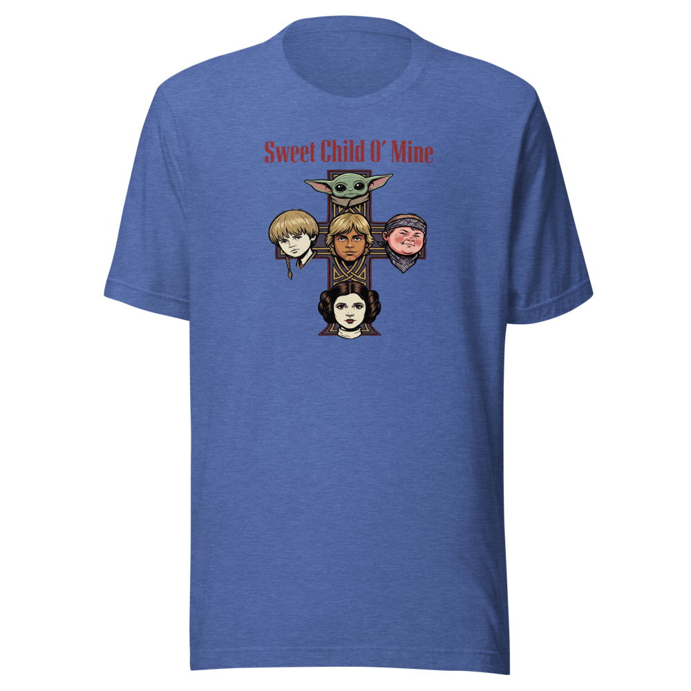 Sweet Child Sci-Fi Rock Cross album Parody Tee — heather true royal front view
