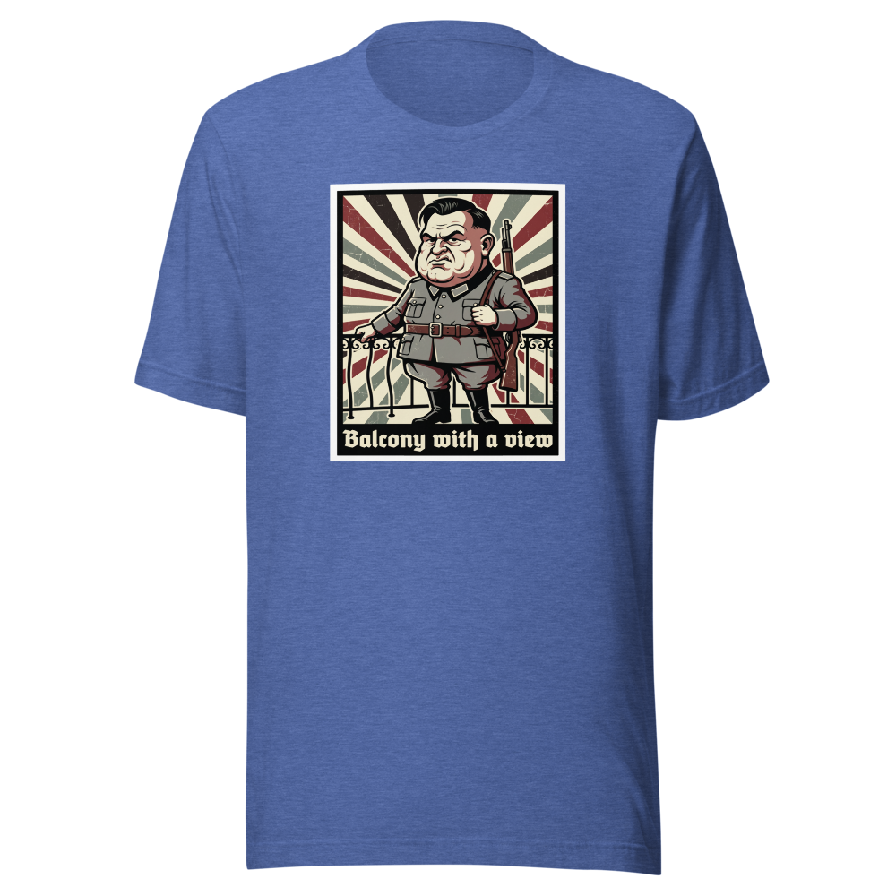 Balcony With A View Propaganda Villain Parody Tee — Men's Premium Tee — heather true royal front view