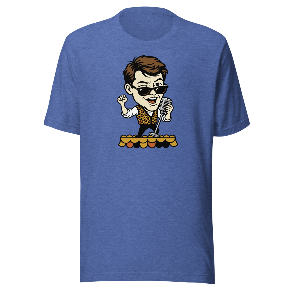 Parade Float Crooner Leopard Vest Retro 80s Tee — heather true royal front view