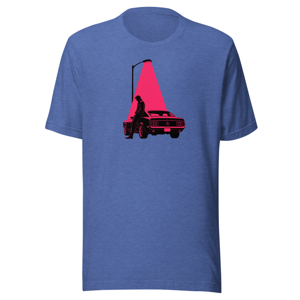 Neon Noir Midnight Driver Muscle Car Silhouette Tee â€” Heather True Royal front view