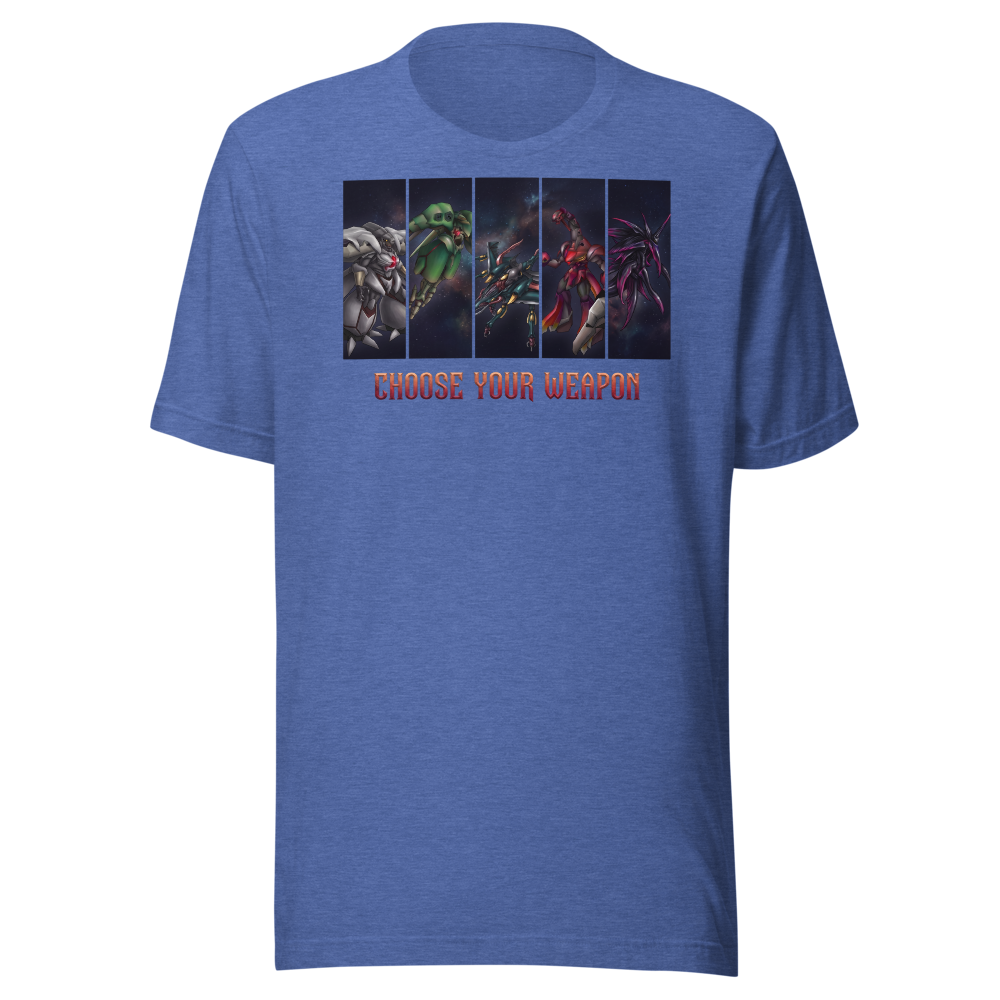 Choose Your Weapon Retro RPG Boss Roster Tee — heather true royal front view