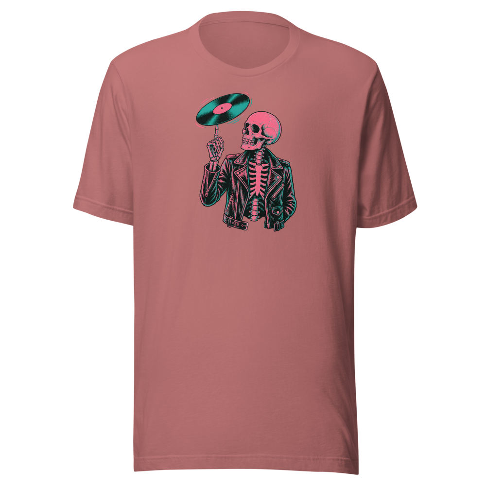 Riso Skeleton Vinyl Spin Gig Poster Punk Rock Tee — mauve front view