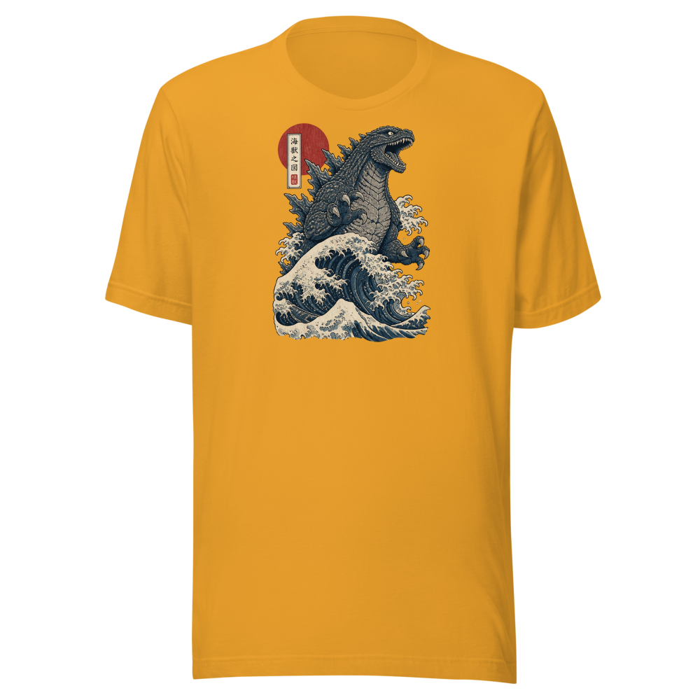 Sea Monster Great Wave Woodblock Print Tee — mustard front view