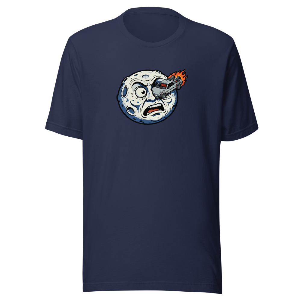 Silent Film Moon Crash Time Machine Movie Tee — Men's Premium Tee — navy front view