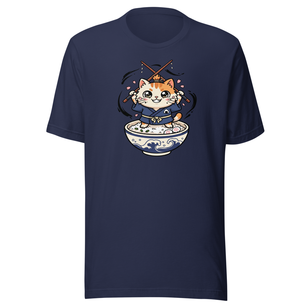 Chibi Ronin Chef Cat Chopstick Katana Anime Tee — navy front view