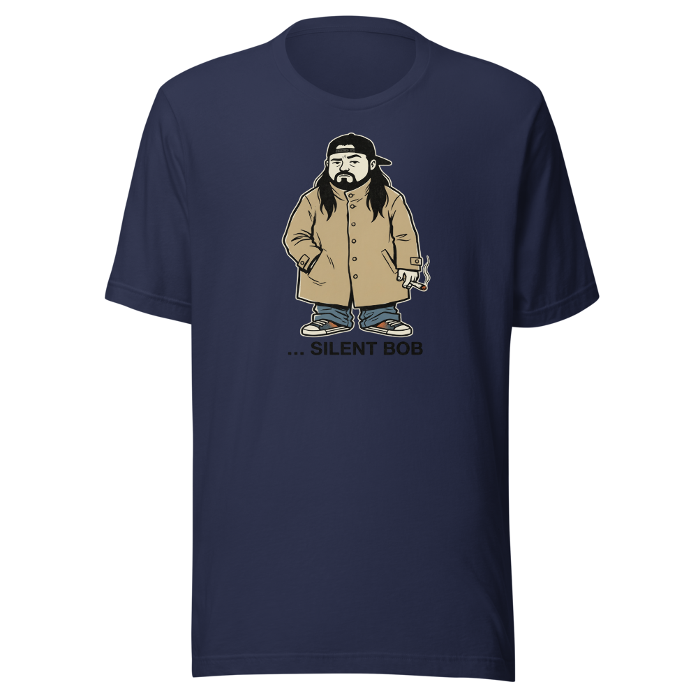 Silent Stoner Sidekick Trench Coat Punk Caricature Tee — Men's Premium Tee — navy front view