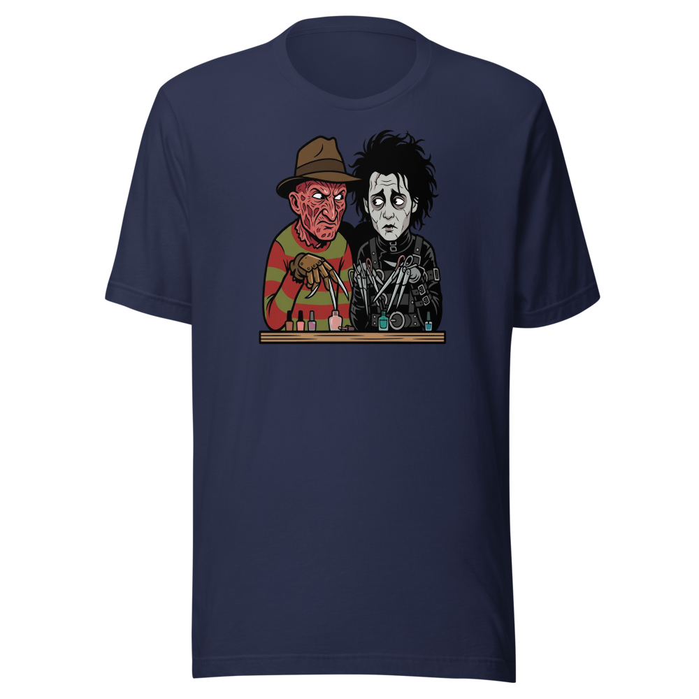 Bladed Villains Nail Salon Side-Eye Horror Tee — Men's Premium Tee — navy front view