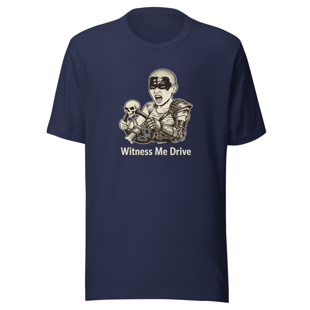 Wasteland War-Rig Driver Witness Me Drive Punk Tee — navy front view