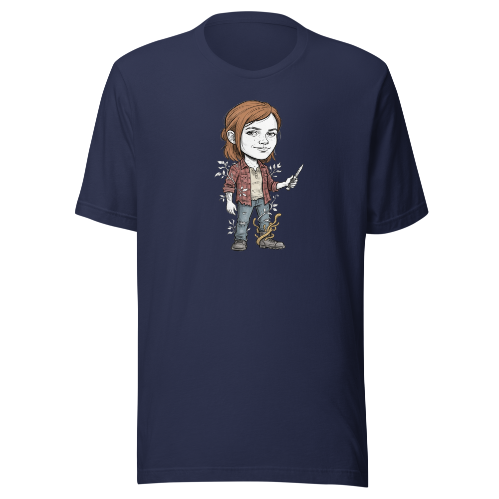 Post-Apocalyptic Survivor Girl Switchblade Sketch Tee — navy front view