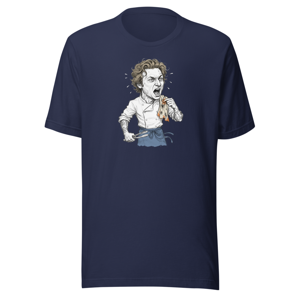 Yes Chef Kitchen Meltdown Pencil Sketch Tee — navy front view
