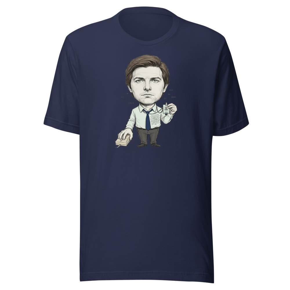 Split-Brain Office Drone Pencil Sketch Tee — navy front view