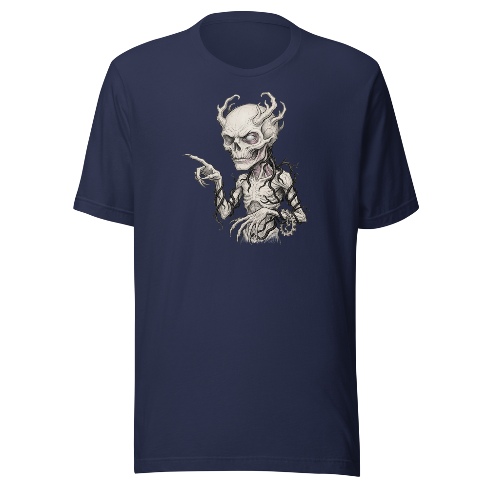 Vine-Wrapped Skull Villain Pencil Sketch Horror Tee — navy front view