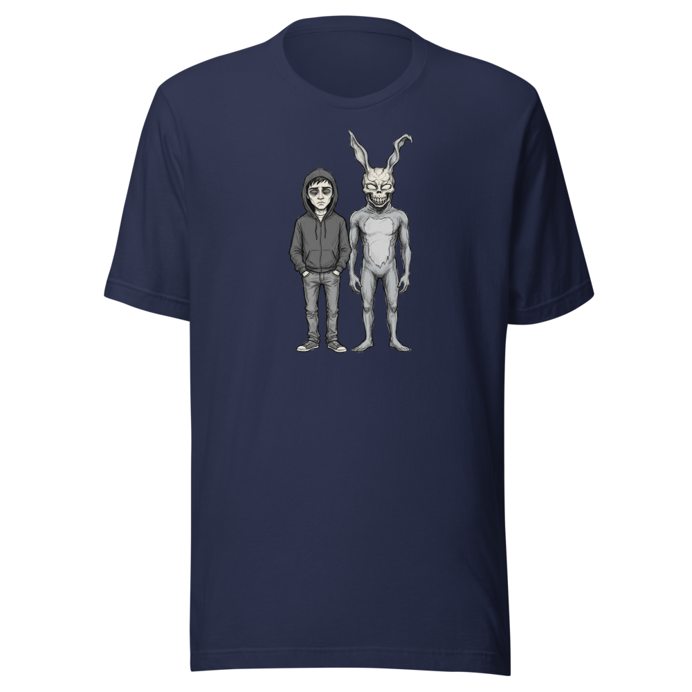 Doomed Teen and Demon Rabbit Sketch Cult Horror Tee — navy front view