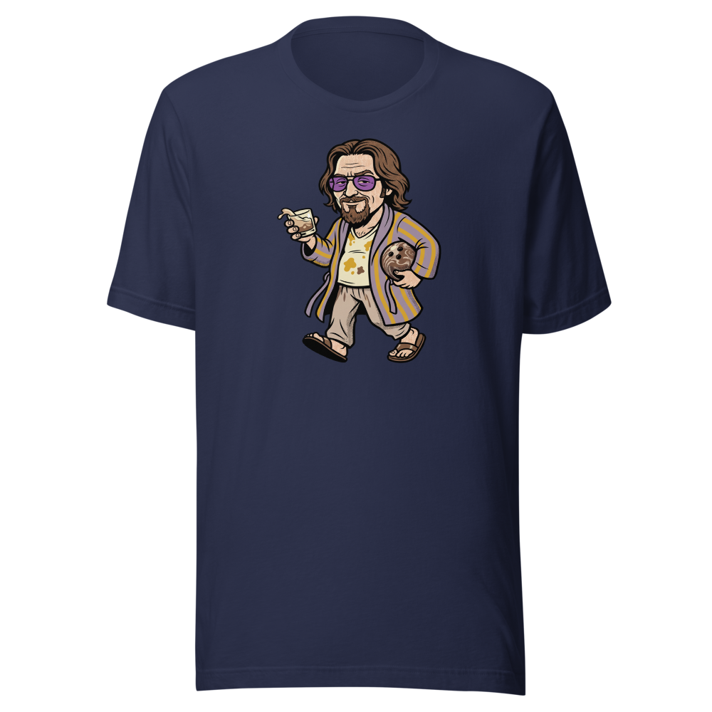 Slacker Bowling Bathrobe White Russian Pop Art Tee — Men's Premium Tee — navy front view