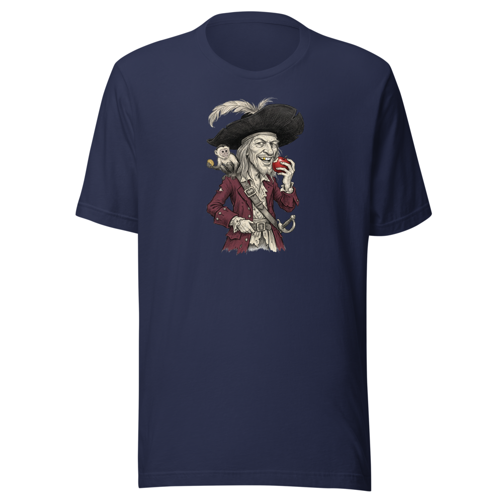 Rogue Pirate Captain Sketch Caricature Tee — Men's Premium Tee — navy front view