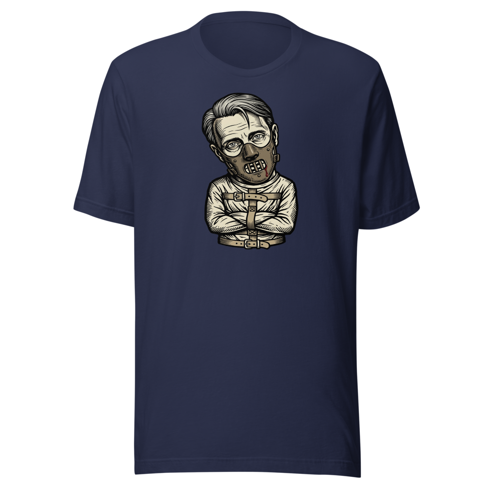 Polite Cannibal Muzzle Mask Linocut Horror Tee — Men's Premium Tee — navy front view