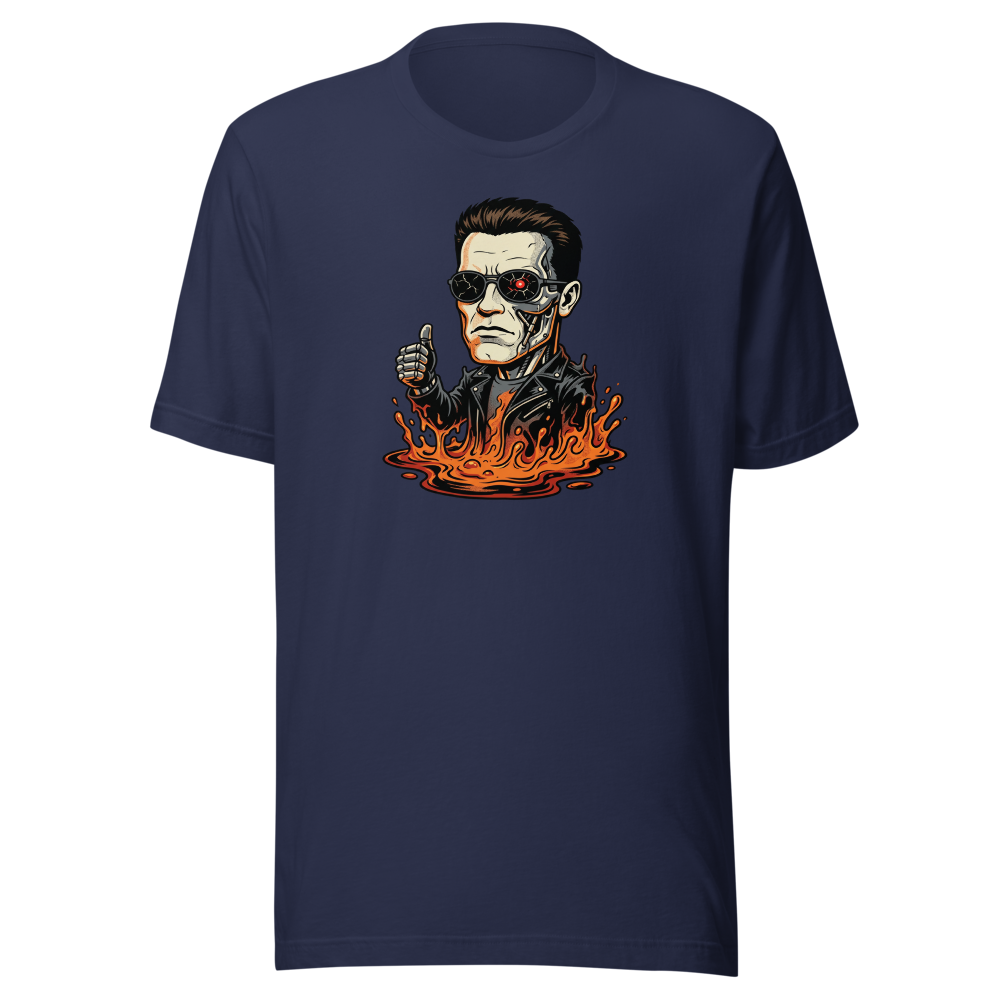 Molten Steel Thumbs Up Cyborg Comic Ink Tee — Men's Premium Tee — navy front view