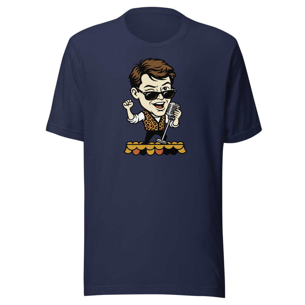 Parade Float Crooner Leopard Vest Retro 80s Tee — navy front view