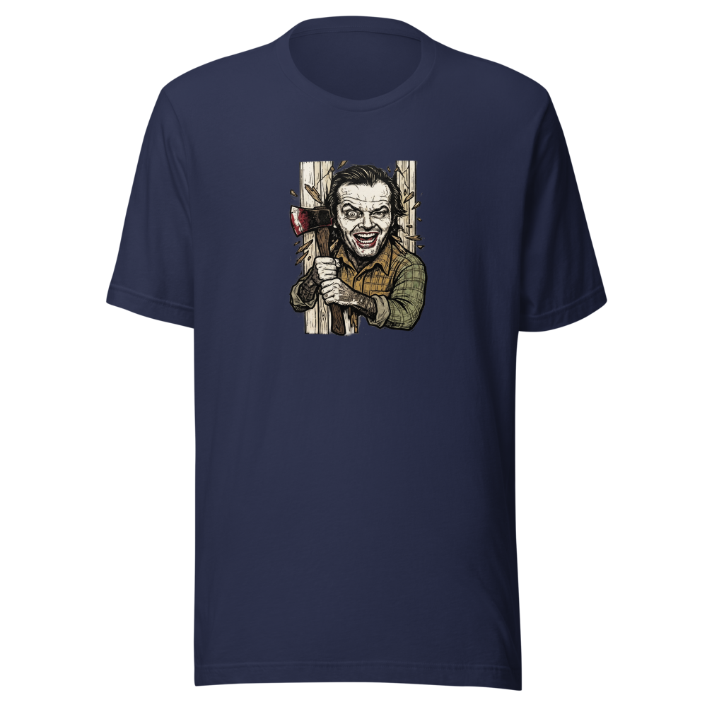 Axe Maniac Door Breach Blackwork Horror Tee — navy front view