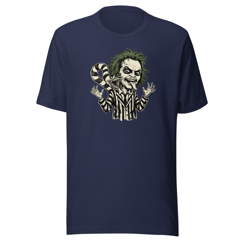 Bio-Exorcist Ghoul Pinstripe Punk Horror Comedy Tee — navy front view