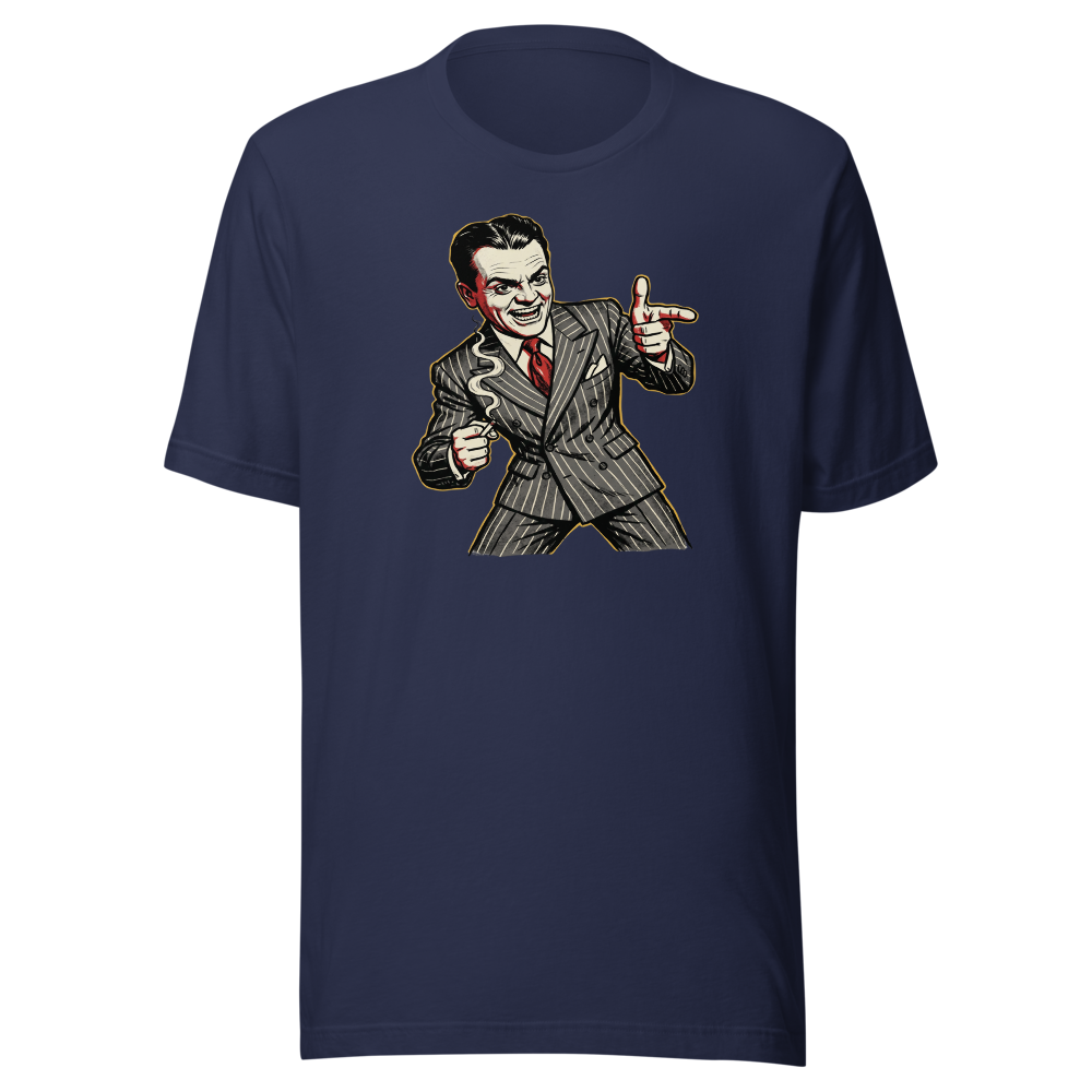 Pinstripe Gangster Finger-Gun Punk Caricature Tee — navy front view