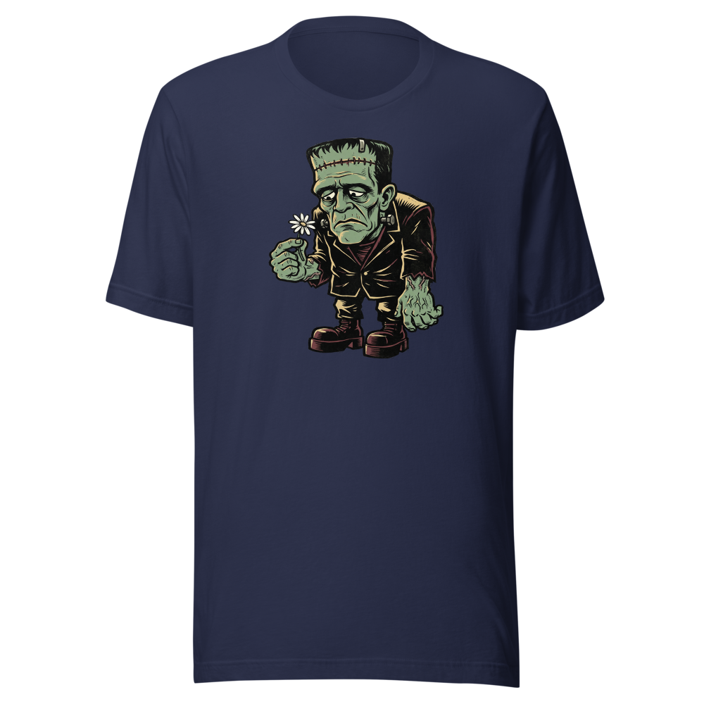 Confused Stitched Monster Holding Daisy Woodcut Tee — navy front view