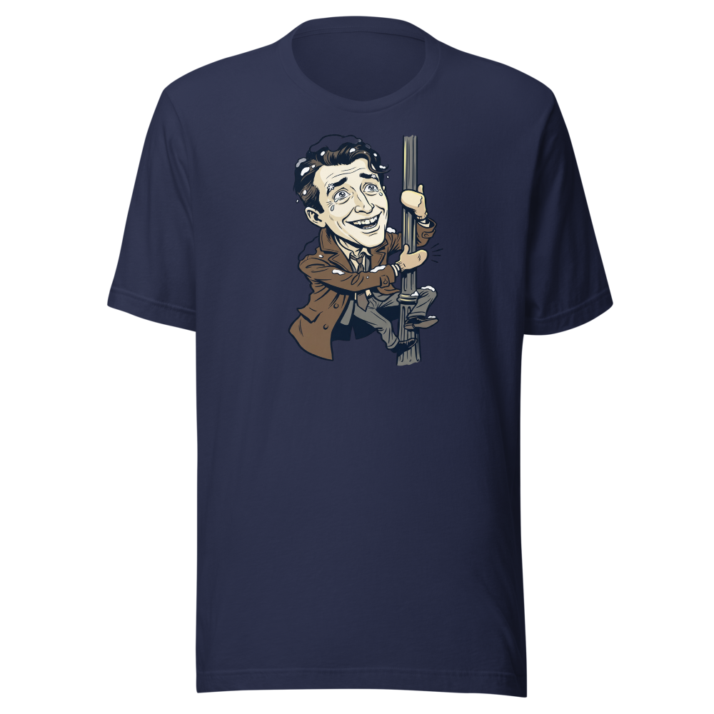 Snowy Lamppost Hug Christmas Movie Caricature T-Shirt — navy front view