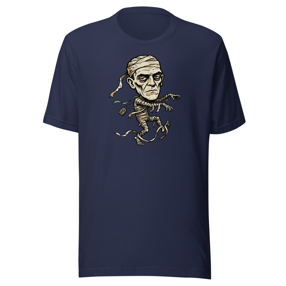 Tripping Mummy Woodcut Vintage Horror Tee — navy front view