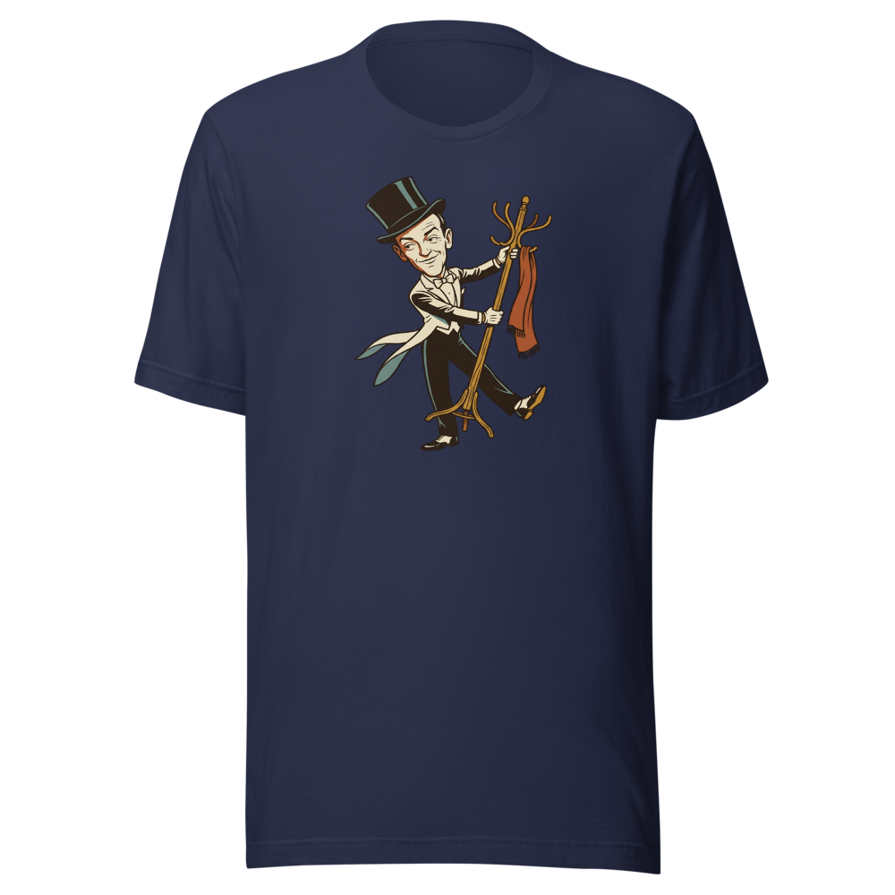 Top Hat and Tails Dancing Coat Rack Vintage Tee — navy front view