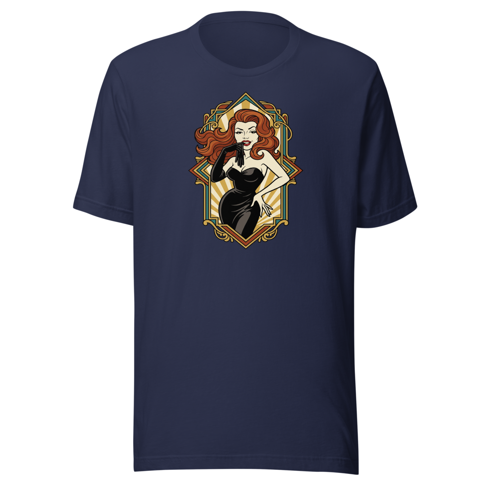 Jazz Age Femme Fatale Glove Peel Deco Tee — navy front view