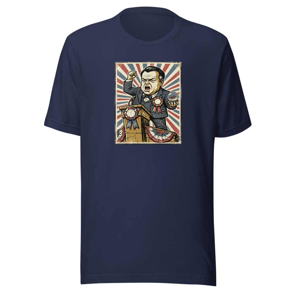 Rosebud Snow Globe Campaign Podium Propaganda Tee — navy front view