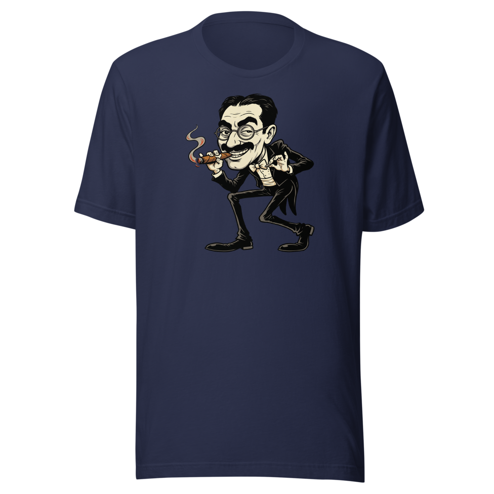 Sneaky Vaudeville Comedian Cigar Caricature Tee — navy front view
