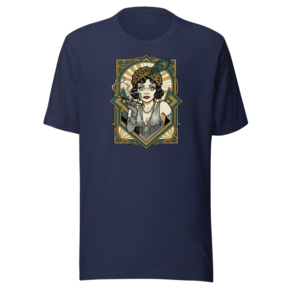 Silent Film Diva Art Deco Jazz Age Glamour Tee — navy front view