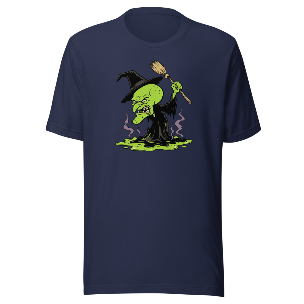 Melting Green Witch Editorial Cartoon Parody Tee — navy front view