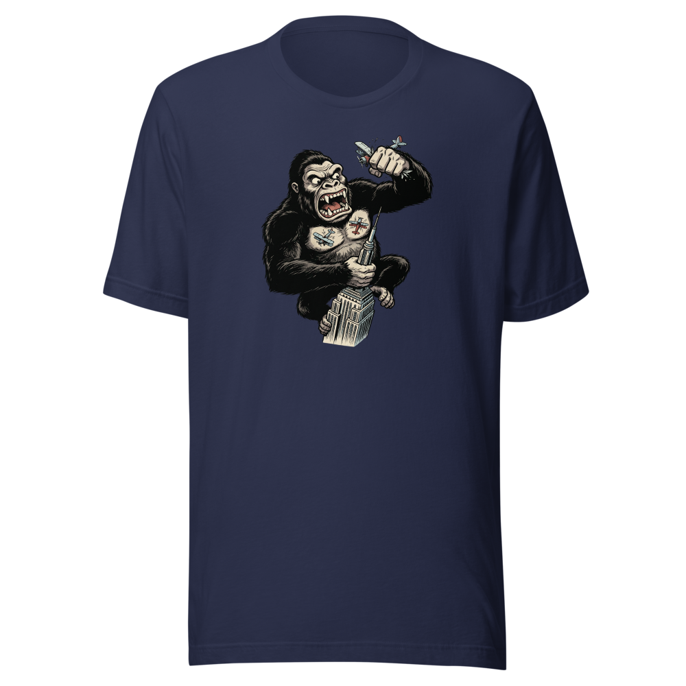 Giant Ape Skyscraper Biplane Smash Comic Tee — navy front view