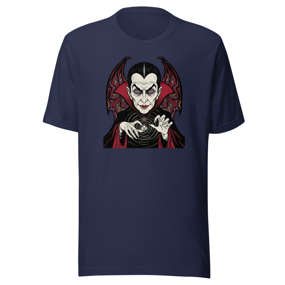 Caped Count Hypnotizes Garlic Psychedelic Horror Tee — navy front view