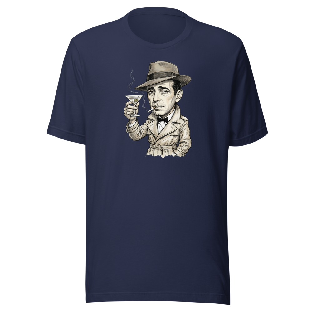 Lonely Barfly Noir Martini Toast Pencil Sketch Tee — navy front view