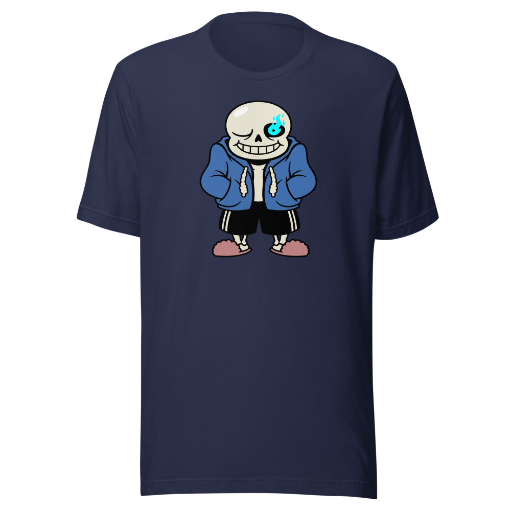 Lazy Skeleton Blue Hoodie Indie RPG Tee — navy front view