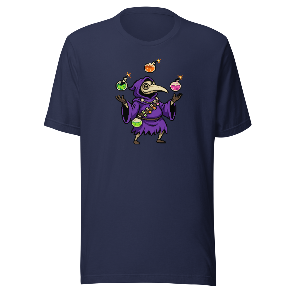 Hooded Pixel Alchemist Potion Juggler Retro Tee — navy front view