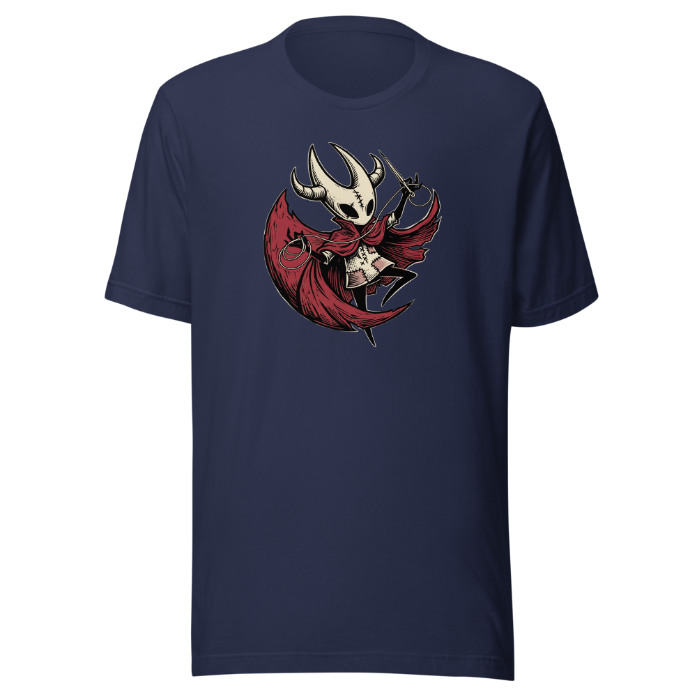 Needle Duelist Bug Warrior Linocut Tee — navy front view