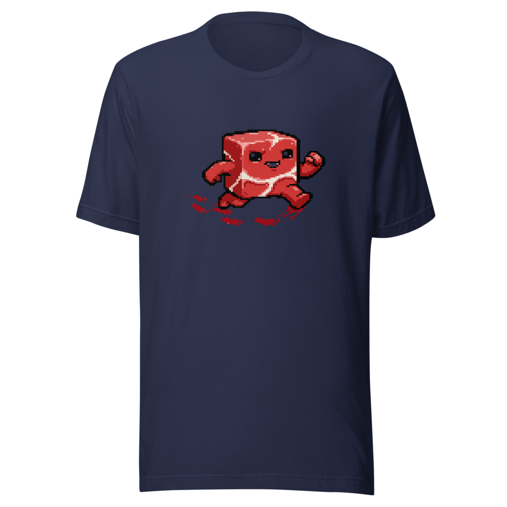Running Meat Cube 16-Bit Pixel Platformer Tee — navy front view