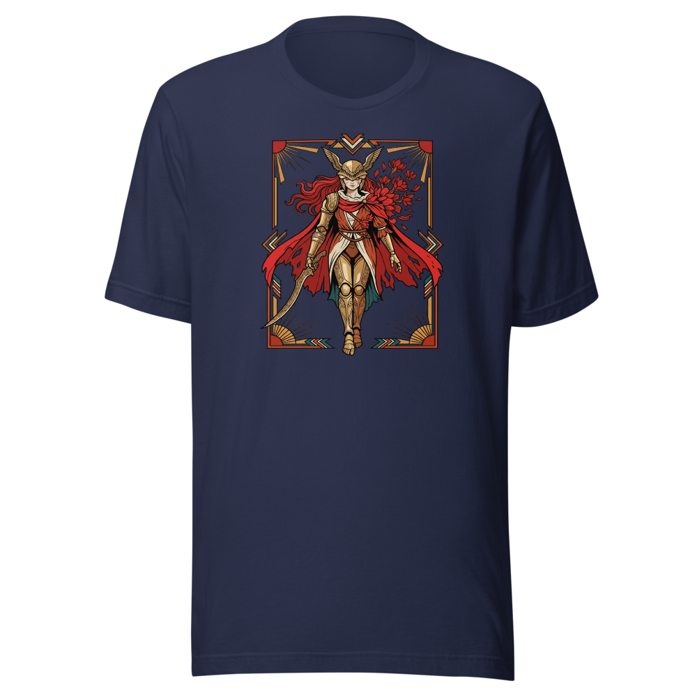 Deco Valkyrie Scarlet Bloom Knight Graphic T-Shirt — navy front view