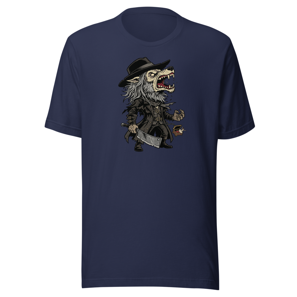 Beast Hunter Howling Tricorn Cleaver Comic Ink Tee — navy front view