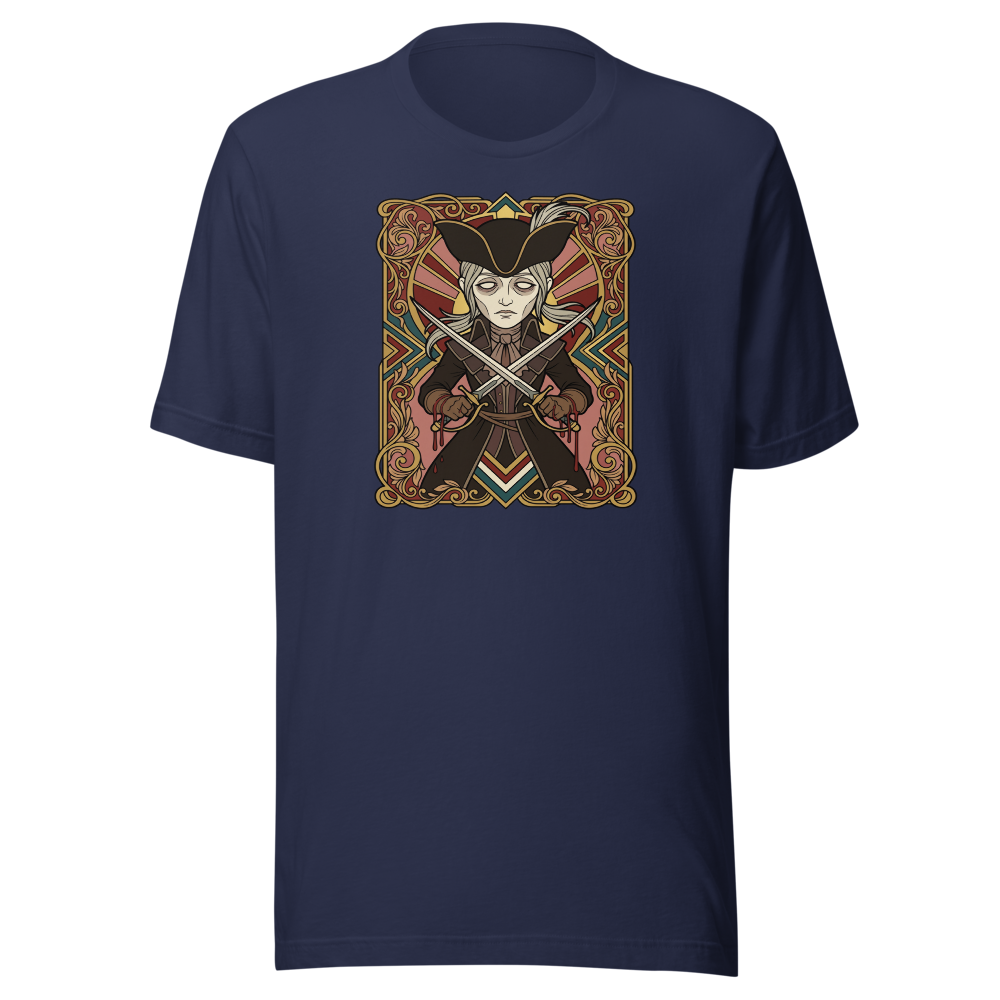 Clocktower Hunter Twin Blades Deco Duel Tee — navy front view