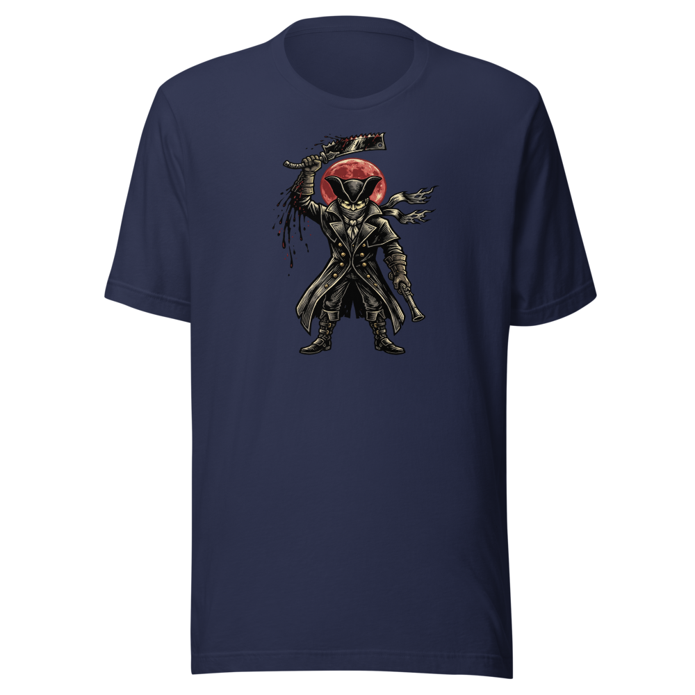 Gothic Hunter Blood Moon Linocut Horror Tee — navy front view