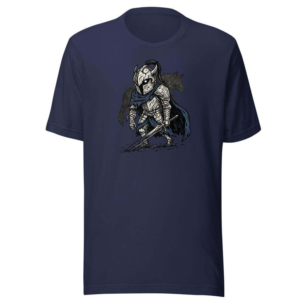 Broken Knight Abysswalker Blackwork Linocut Tee — navy front view