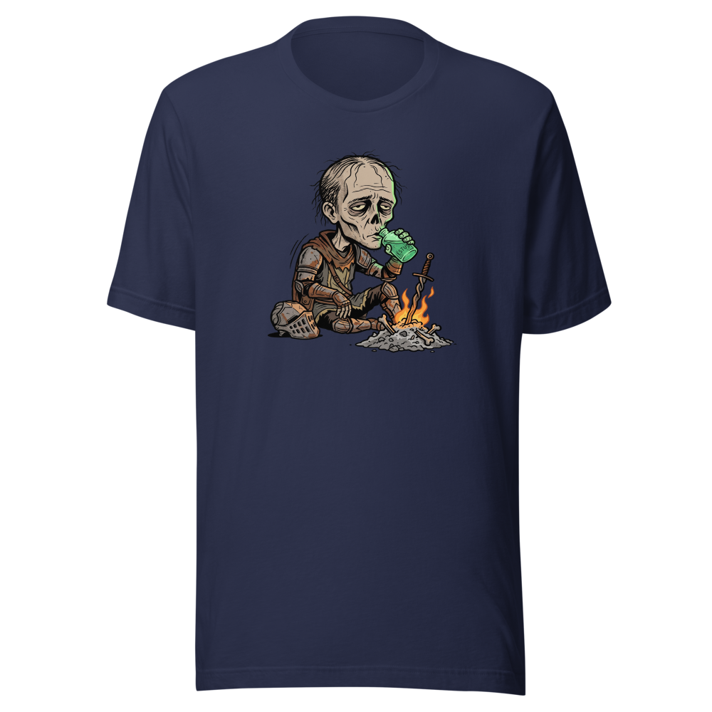 Hollow Knight Bonfire Estus Coffee Soulslike Parody Tee — navy front view