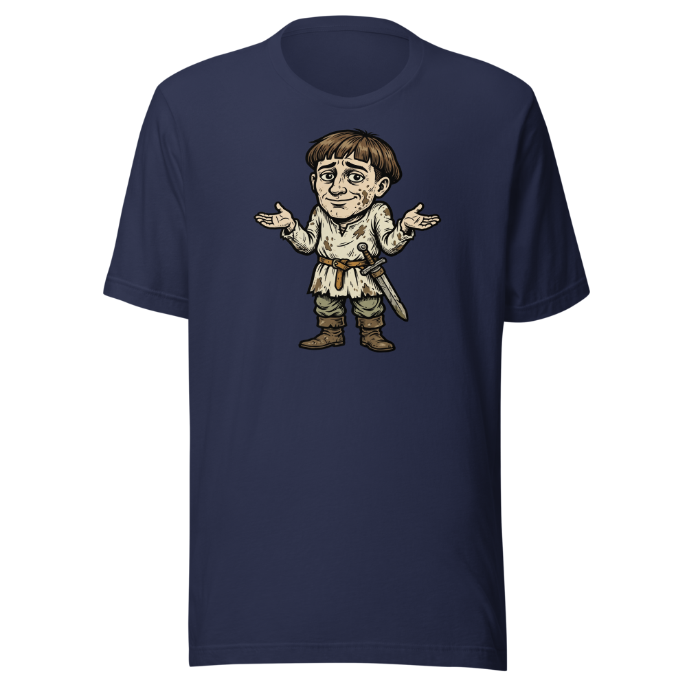 Medieval Peasant Shrug Woodcut Retro RPG Tee — navy front view